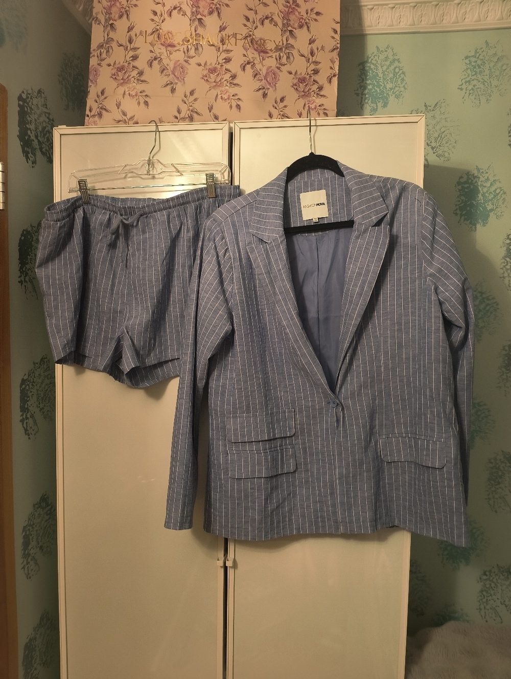 Fashion Nova Linen Blend Blue Jacket Short Summer Suit Sz XL - Picture 3 of 11